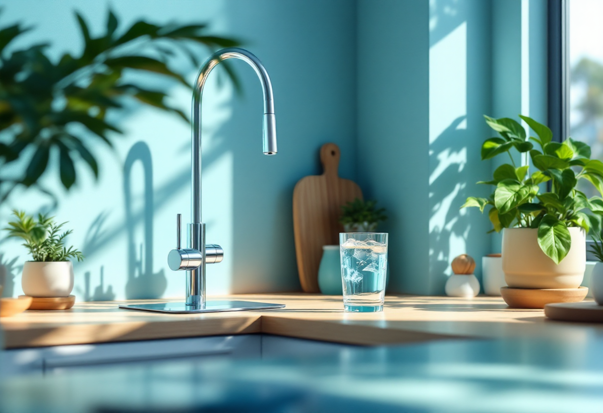 Waterapparaat met glas water op een licht keukenblad in natuurlijk daglicht.