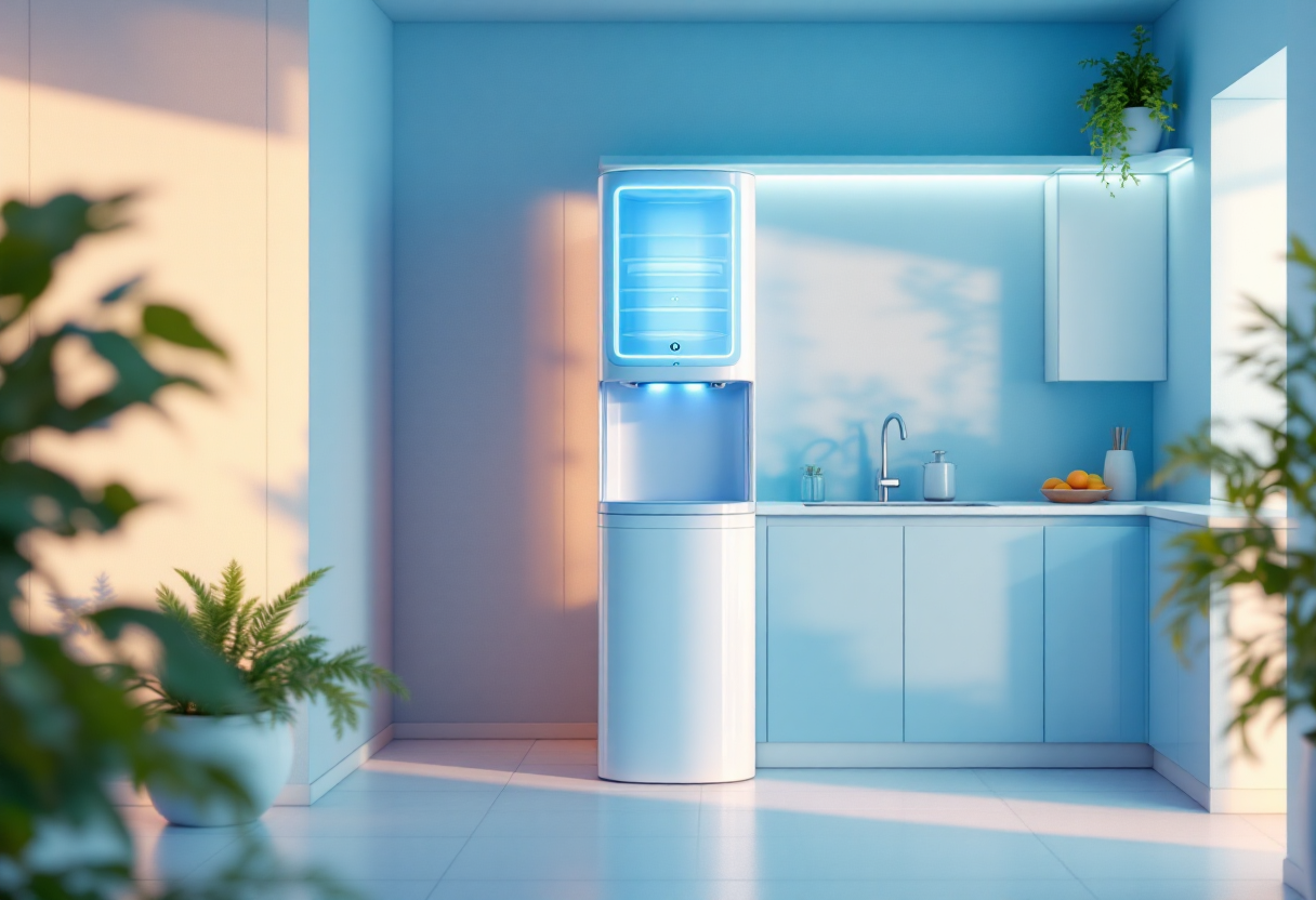 Detail van een waterapparaat en glas water; focus op jarenlange dagelijkse inzet.