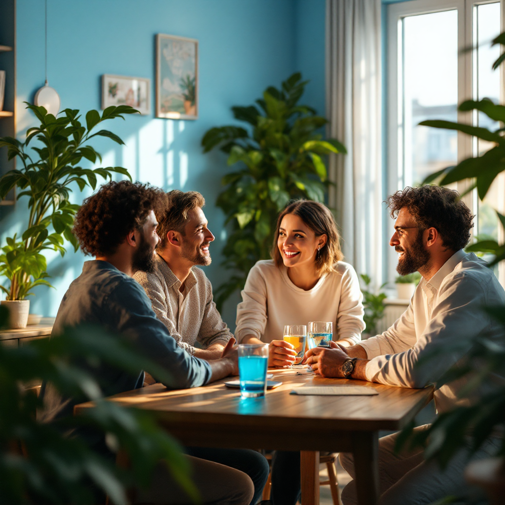 Kleine groep mensen aan een houten tafel met glazen water in warm daglicht.
