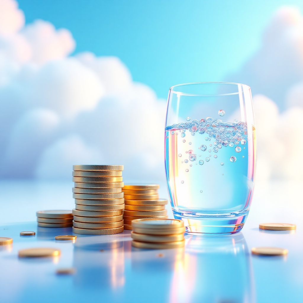 Stapel muntjes naast een glas water als symbool voor investering en waarde over tijd.