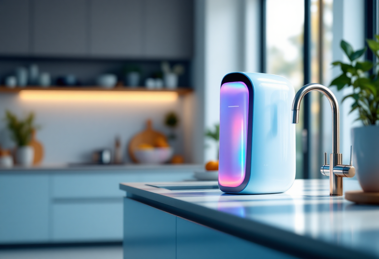 Helder water dat in een glas wordt geschonken op een zonnige tafel; uitnodigende call-to-action.